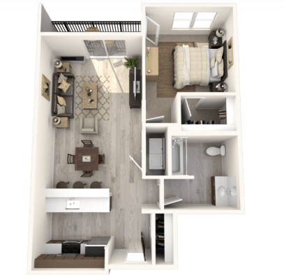 Floor plan for 1 bed, 1 bath, 775 sqft